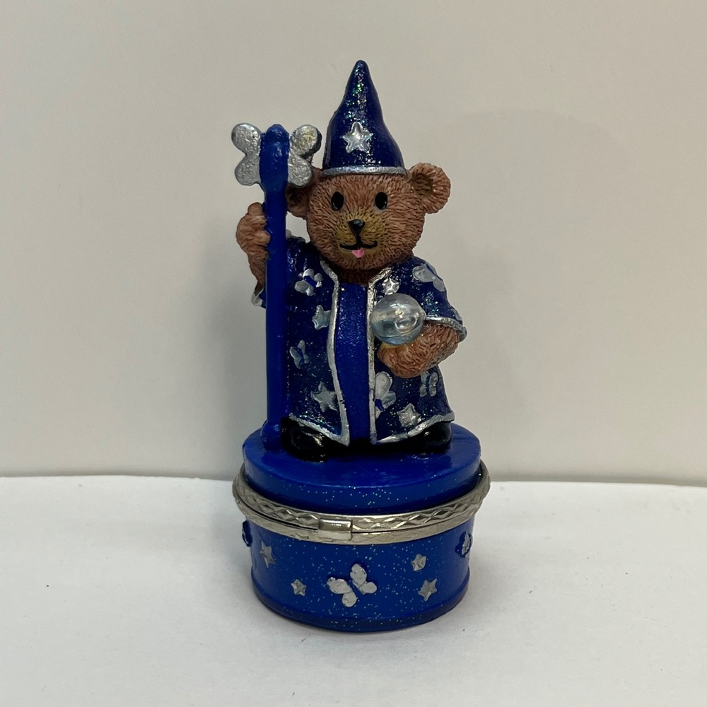 Vintage 1999 Claires Wizard Teddy Bear Trinket Box Blue Glitter Stars Butterfly